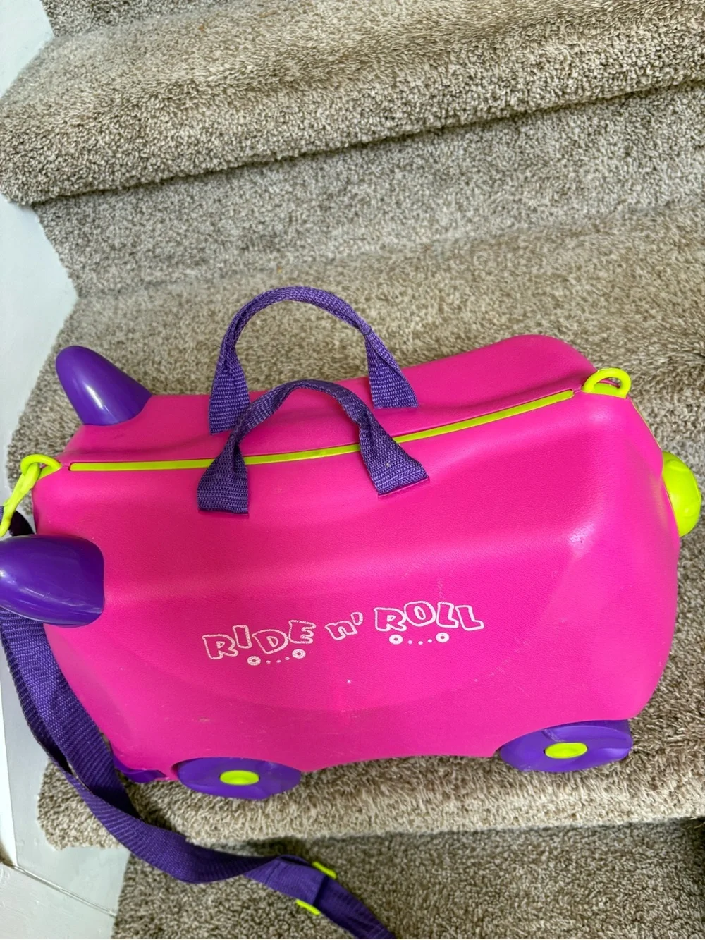 Ride'n Roll Pink Kids Ride-On Suitcase with- Purple Straps Accents